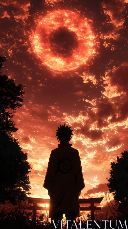 Backlit anime silhouette observes fiery circular anomaly in sky