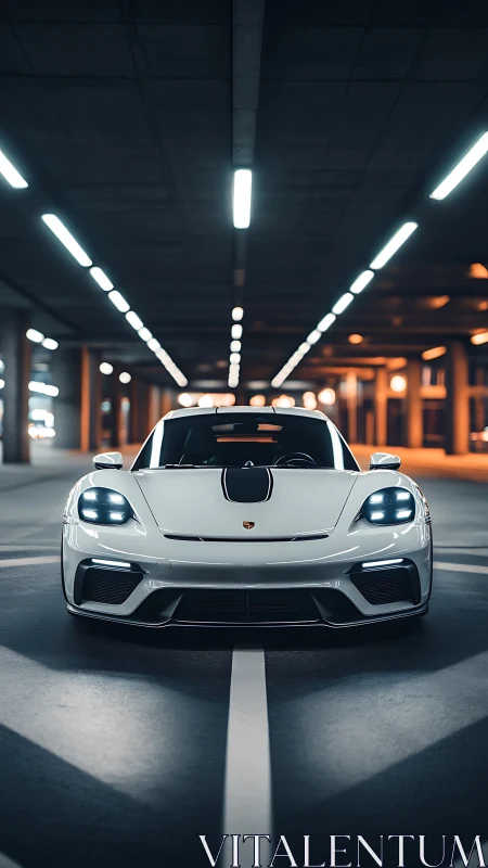 Sleek white sports car glowing softly in a night tunnel.
