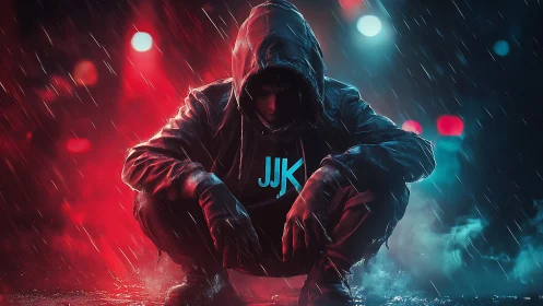 Hooded street phantom crouches under neon rainstorm glow.