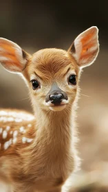 Close frontal portrait of young spotted fawn in soft light.