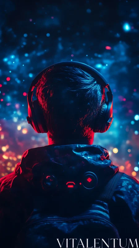 Headphones glow against a dreamy neon night sky backdrop.