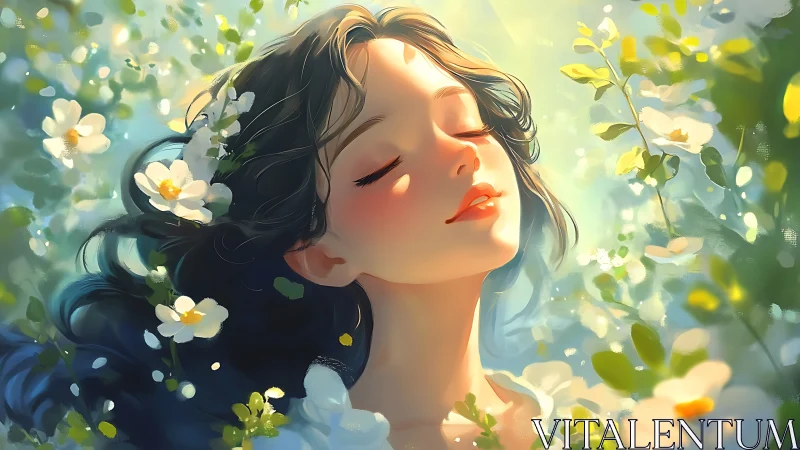 Young woman with closed eyes stands among sunlit flowers