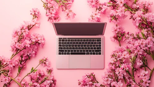 Rose-pink ultrabook amid symmetric cherry blossom branches.