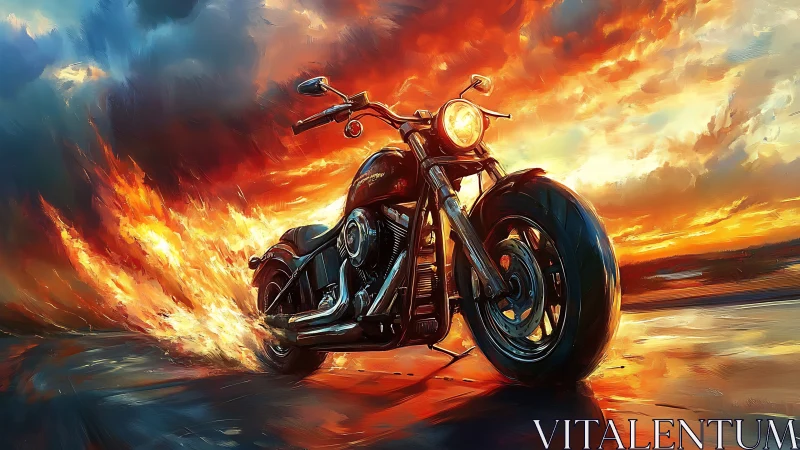Blazing motorcycle roars forward beneath a wild sunset sky