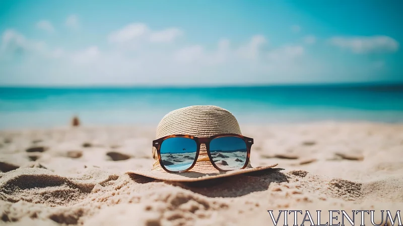 Straw sunhat and sunglasses on sunlit tropical shoreline.