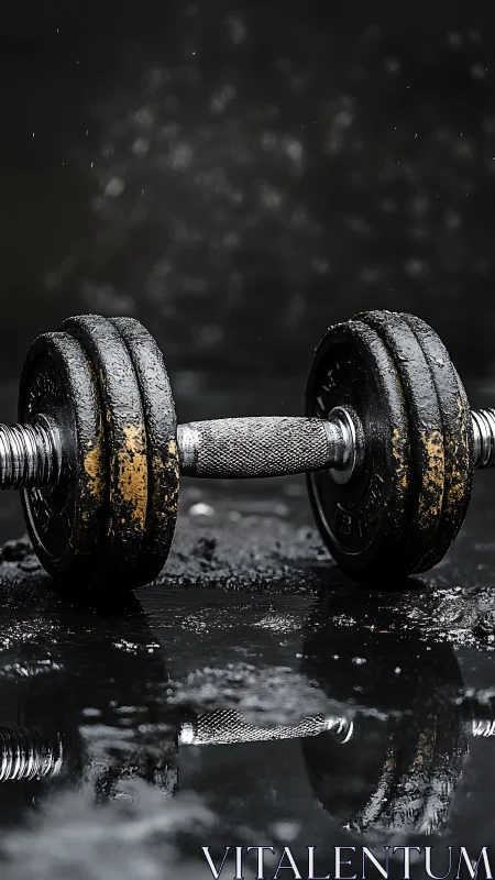 Grit-soaked iron dumbbell resting in rain-slick shadows.