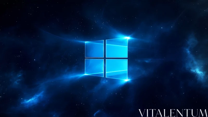 Glowing blue window logo floats in a stylized starfield