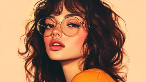 Curly haired girl in round glasses glows in soft peach light