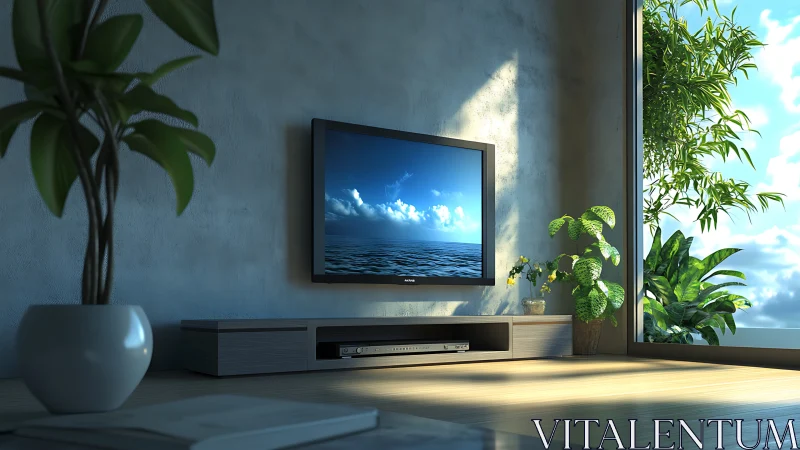 Minimalist living room TV wall uses directional daylight and foliage