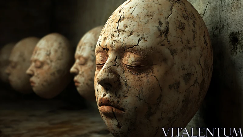 Surreal cracked stone faces aligned in atmospheric depth.