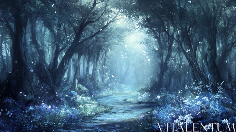 Enchanted Forest Path: Where Nature Glows With Magical Blue Light