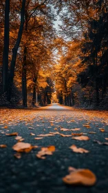 Tree-lined autumn road recedes under scattered fallen leaves