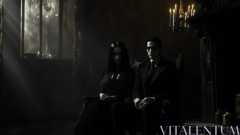 Gothic couple portrait in low-key photorealistic chiaroscuro lighting.