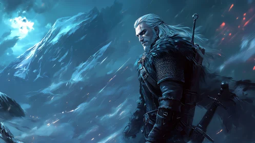 White haired warrior in frozen mountain blizzard landscape.
