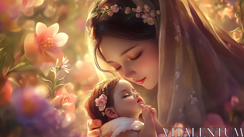 Woman with Infant in Floral Garden Setting