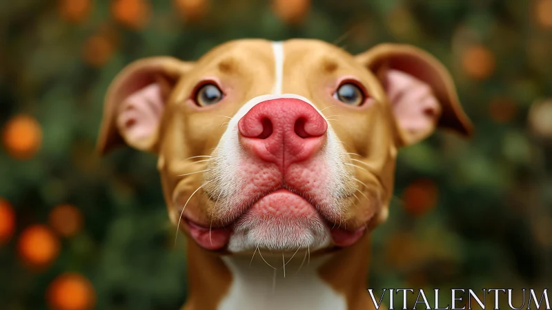 Bright-eyed brown dog gazes up with an adorably pink nose