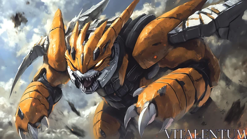 Armored dragon mecha lunging through cloudy battlefield.