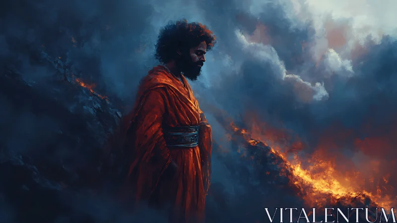Figure in orange robe beside dark clouds and fire line.