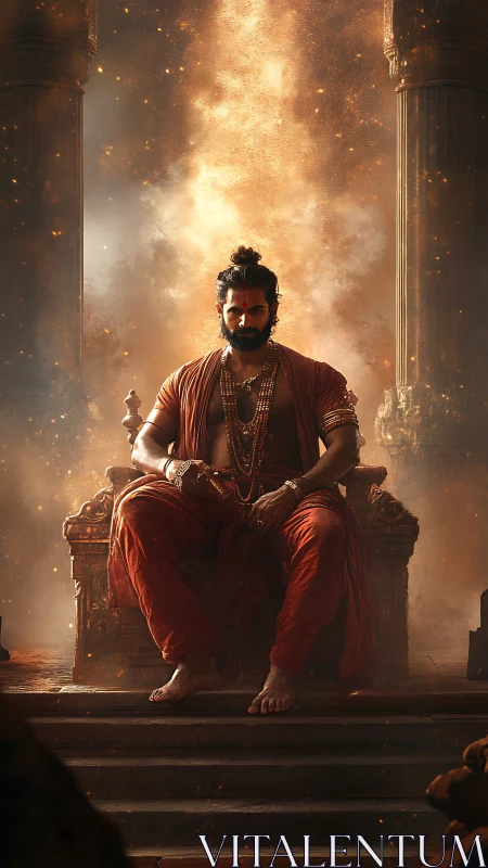 Seated figure occupies ornate throne amid vertical fire plume