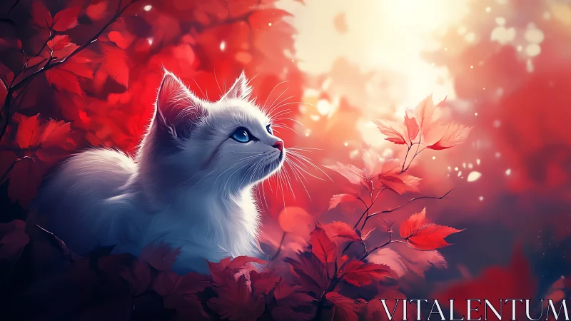 White cat with blue eyes among crimson autumn foliage and warm light