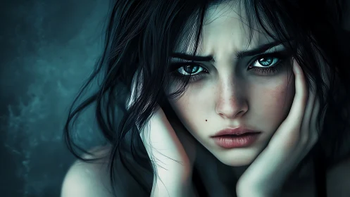 High-contrast teal portrait of pensive young woman, tight crop