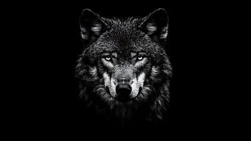 Lone silver-eyed wolf carves its glare from the dark