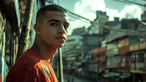 Streetlit gaze in green-gold city haze, quiet defiance.