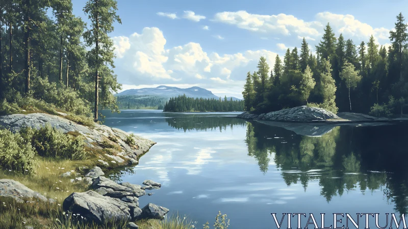 Serene forest lake reflects rocky shoreline under soft clouds