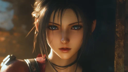 Intense close-up of determined anime woman in shadowed light.