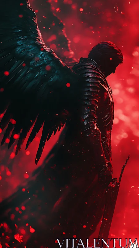 Winged armored figure stands in red backlit particle field