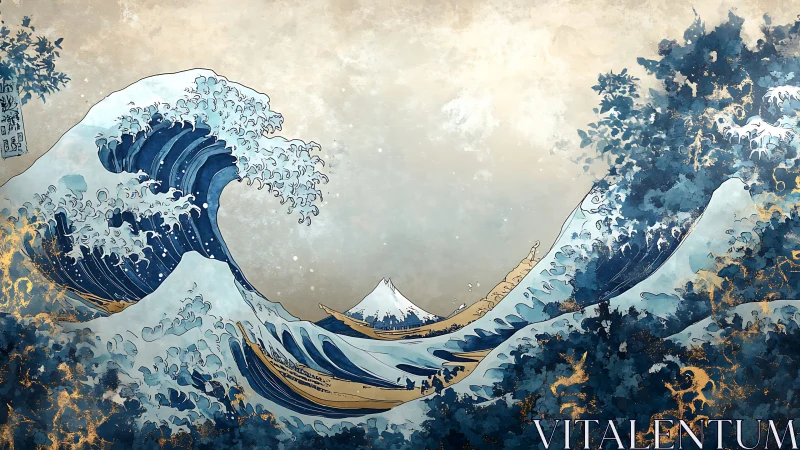 Golden-edged great wave framing distant Mount Fuji panorama.