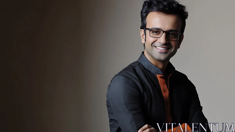 Warmly smiling man in glasses poses in elegant dark kurta