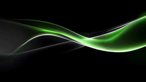 Curved green light bands form layered abstract wave structures