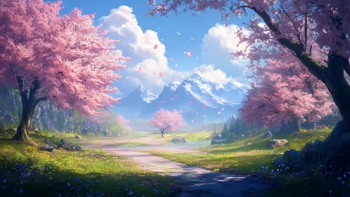 Cherry blossom valley with distant snow covered mountains.