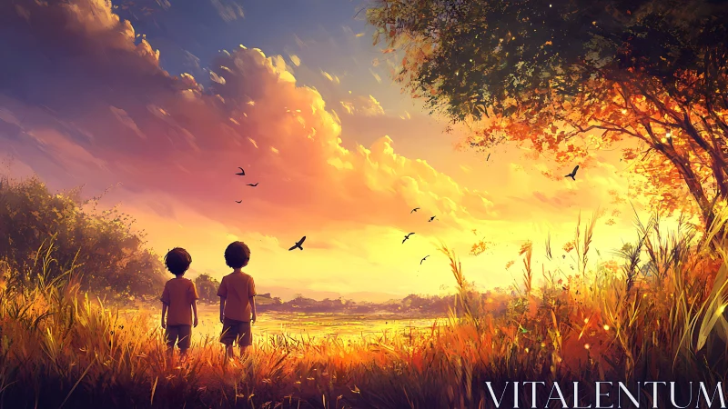 Childhood silhouettes under radiant sunset meadow sky.