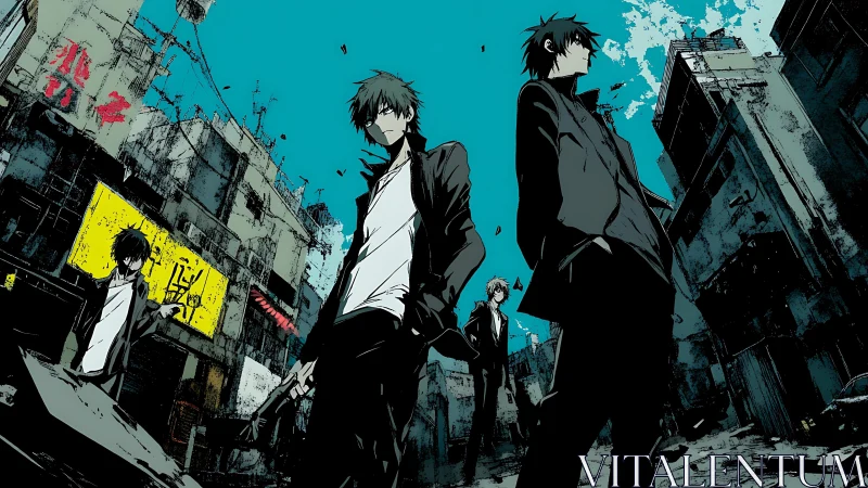 Urban nocturne of angular delinquents in cyan voidscape.