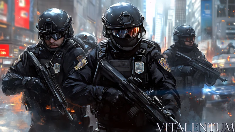 Elite tactical police unit advances through burning city streets