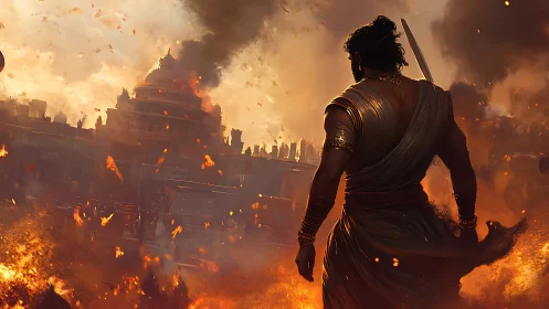 Smoldering warrior surveys a burning ancient city in ruin