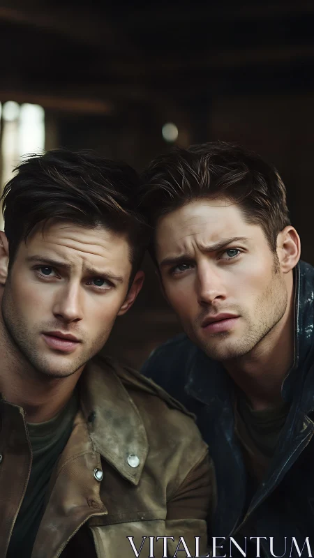 Twin male portraits under moody cinematic side lighting.