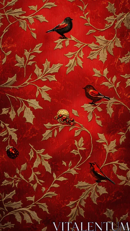 Scarlet songbirds amid ornate golden holly branches.