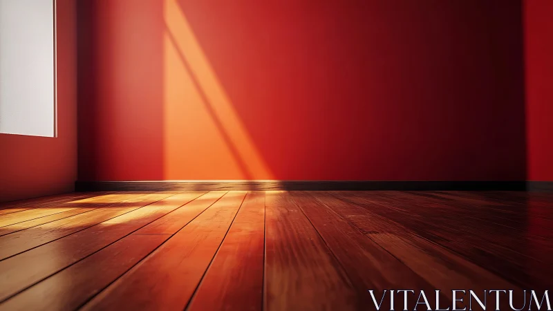 Sunlit red interior with specular wood floor reflections.