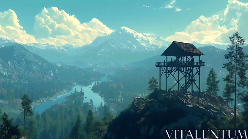 Cozy mountain lookout tower watching over calm blue valley.