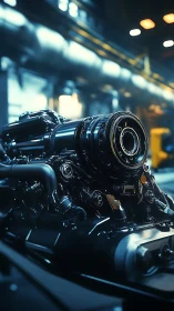 Futuristic engine core gleams in high-tech factory light.