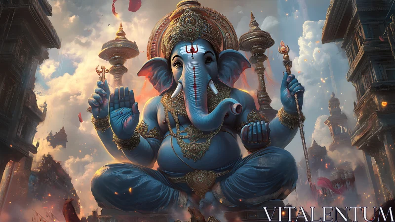 Gentle blue elephant deity floating above glowing temples.
