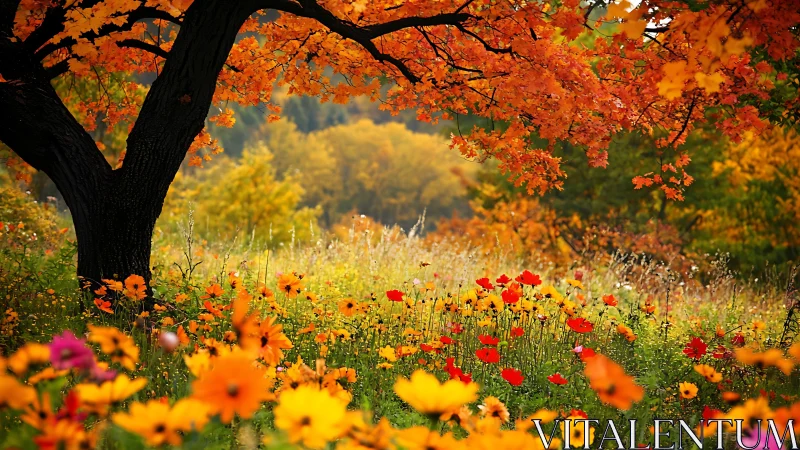 Autumn landscape with flowering meadow beneath deciduous tree canopy