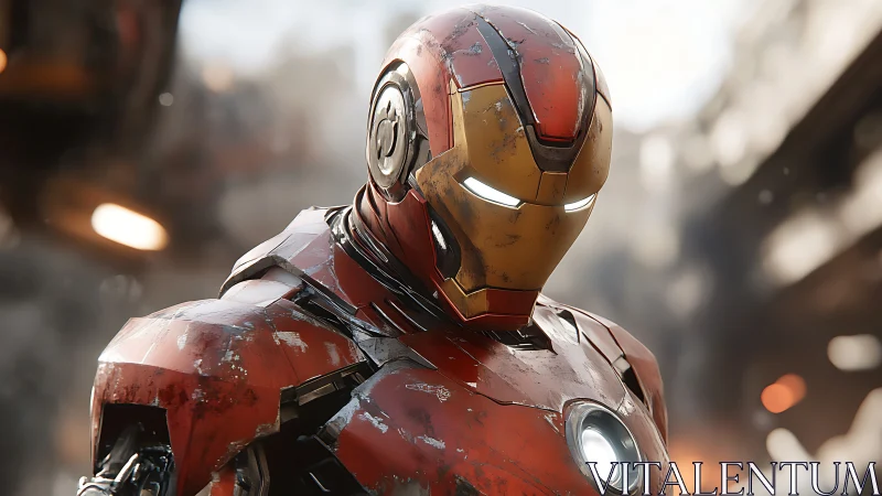 Armored hero stands amid battle smoke, armor scarred hard.