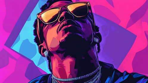 Neon portrait magnifies confident gaze and reflective shades.