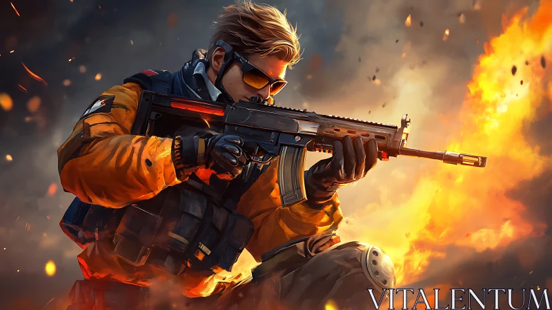 Armed soldier in firefight with rifle and explosions.