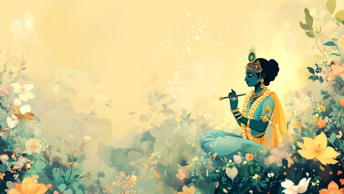 Divine blue figure with flute in luminous floral mist garden.