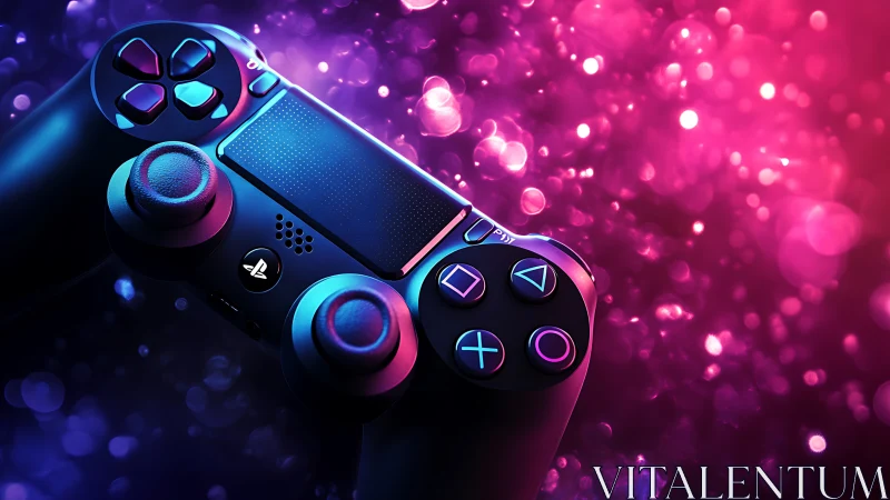 PlayStation-style game controller lit by neon bokeh lights